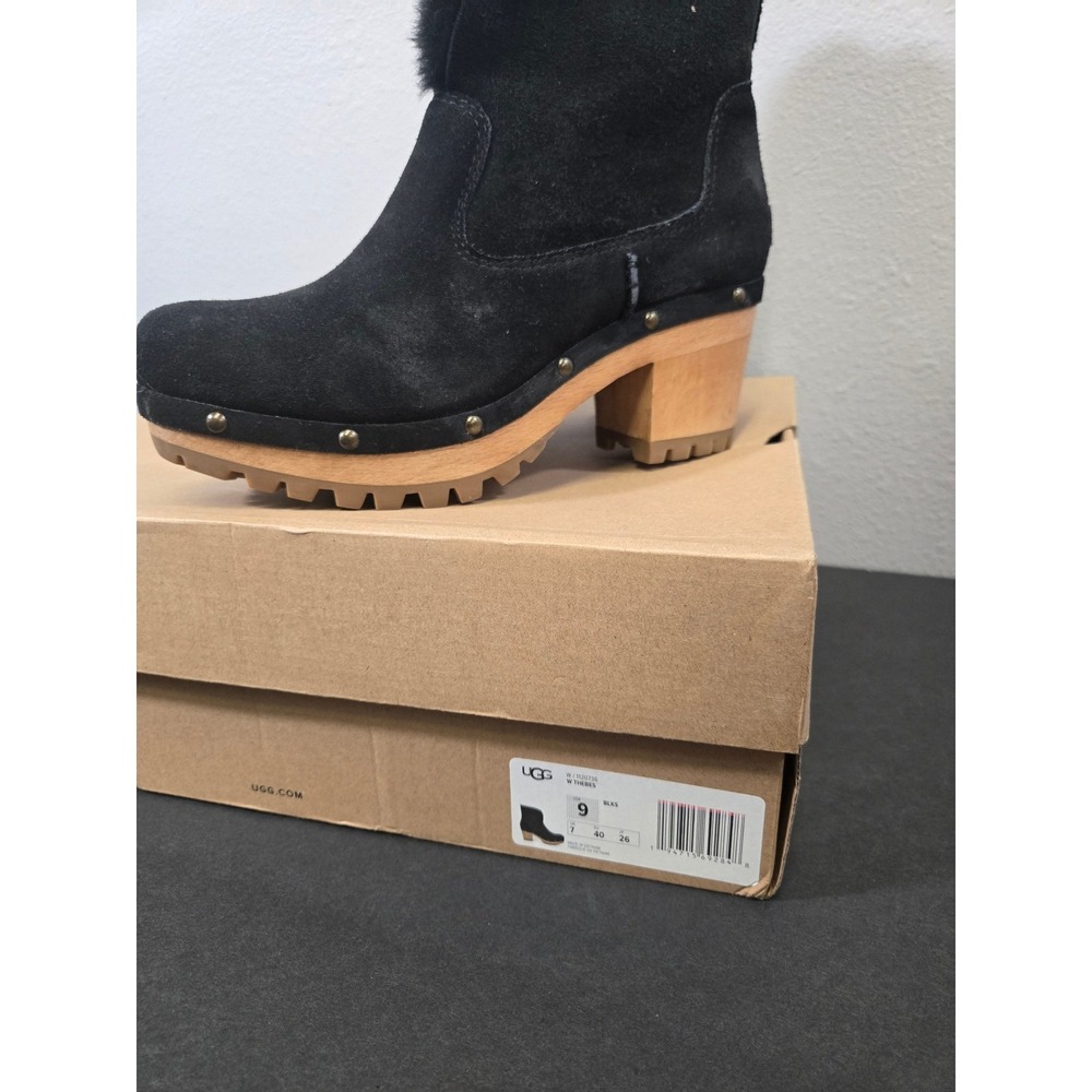UGG Black Suede Shearling Lined Studded Wooden Clog Heel Theree Boots Size 9